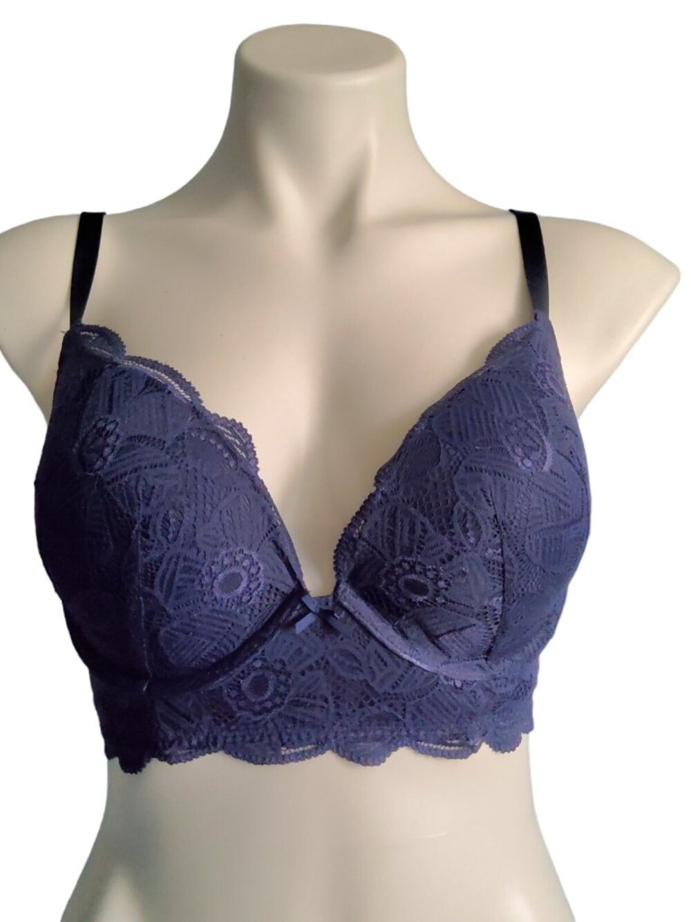 Aerie American Eagle Bra 36D Navy Blue Lace Padded Plunge Underwire Adjustable